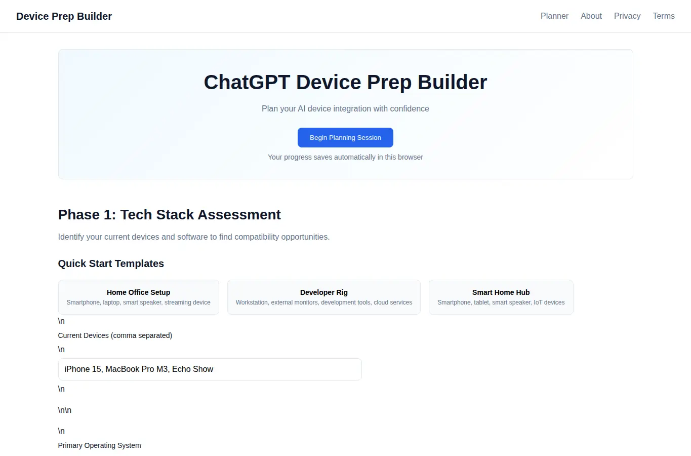 Screenshot of ChatGPT Device Prep Builder interface showing the project page in use